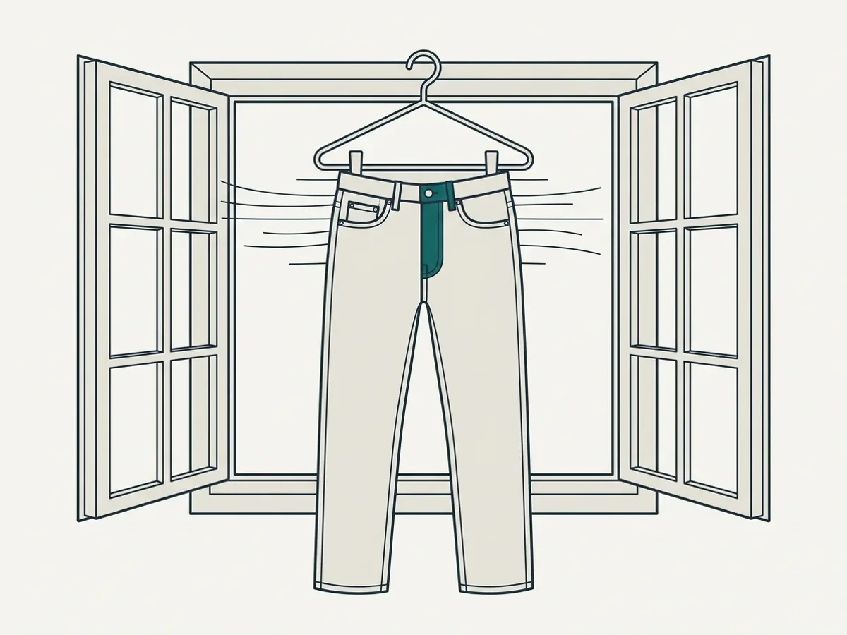 Eine Jeans auf einem Bügel vor einem geöffneten Fenster, der Luftzug durch feine Linien angedeutet.