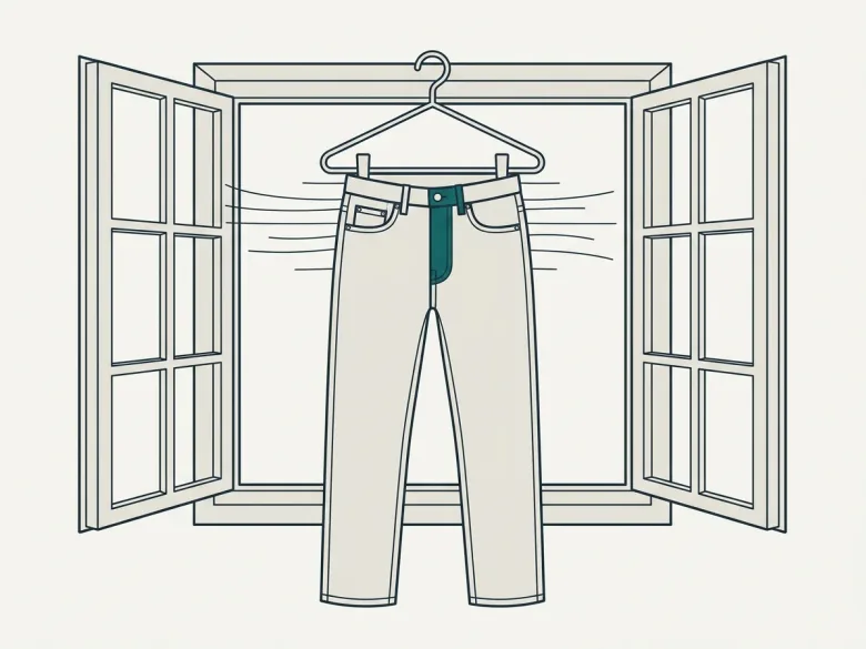 Eine Jeans auf einem Bügel vor einem geöffneten Fenster, der Luftzug durch feine Linien angedeutet.