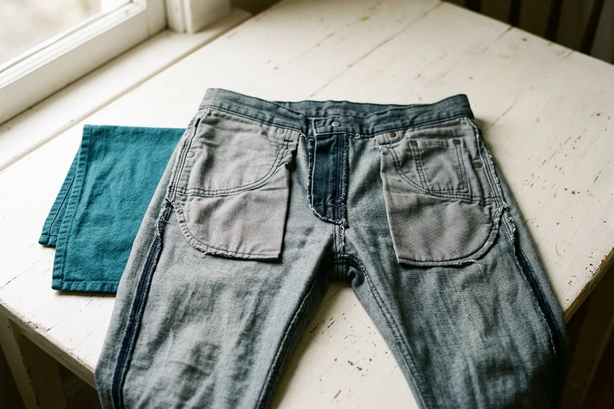 Eine Jeans ist auf links gedreht und flach ausgebreitet; Nähte und Taschenbeutel liegen offen.