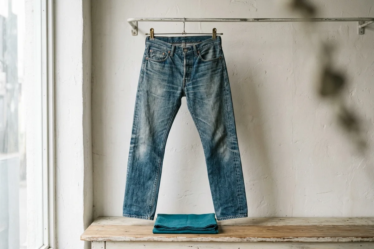 Eine Jeans hängt am Bund von einer Stange, beide Beine hängen glatt herunter.