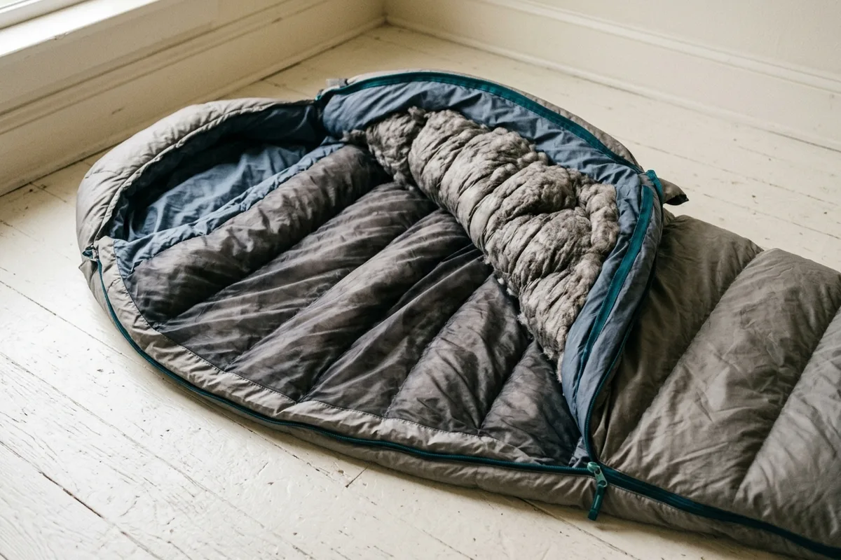 Ein aufgeklappter Daunenschlafsack: Die Füllung ist in jeder Kammer an eine Seite gerutscht, die Zwischenräume liegen flach.