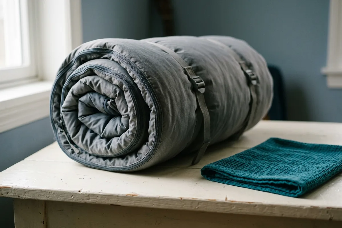 Ein Schlafsack ist vollständig zugezogen und locker zu einer breiten Rolle gerollt, der Gurt liegt lose darum.