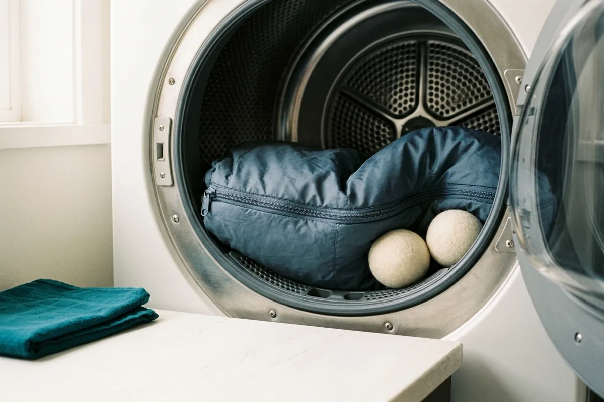 Ein vollständig zugezogener Schlafsack liegt locker in der Trommel eines Wäschetrockners, daneben zwei Trocknerbälle; die Trommelrückwand trägt ein großes Lochblech.
