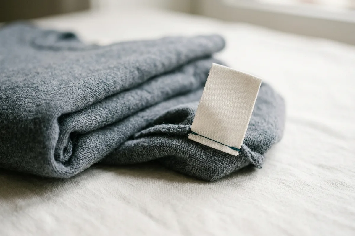 Ein eingenähtes Pflegeetikett ragt aus der Naht eines gefalteten Strickteils; die bedruckte Seite ist vollständig abgewandt.