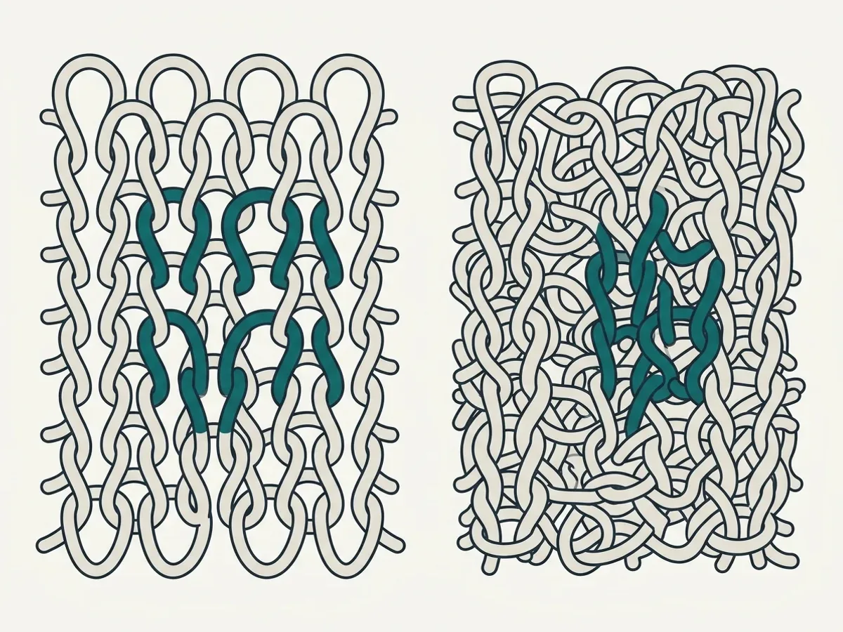 Zwei Maschenbilder im Vergleich: links locker und offen, rechts verfilzt und zusammengezogen.