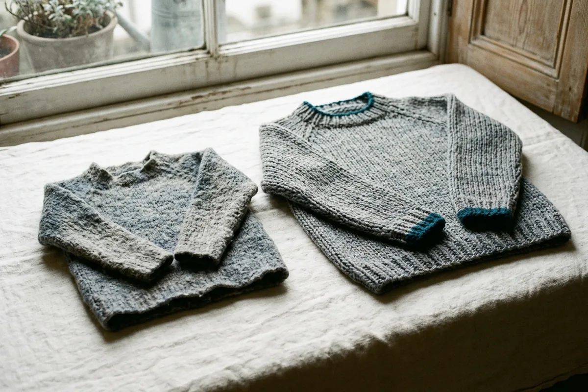 Zwei Wollpullover nebeneinander: der linke eingelaufen und verfilzt, der rechte in Originalgröße mit offenem Maschenbild.