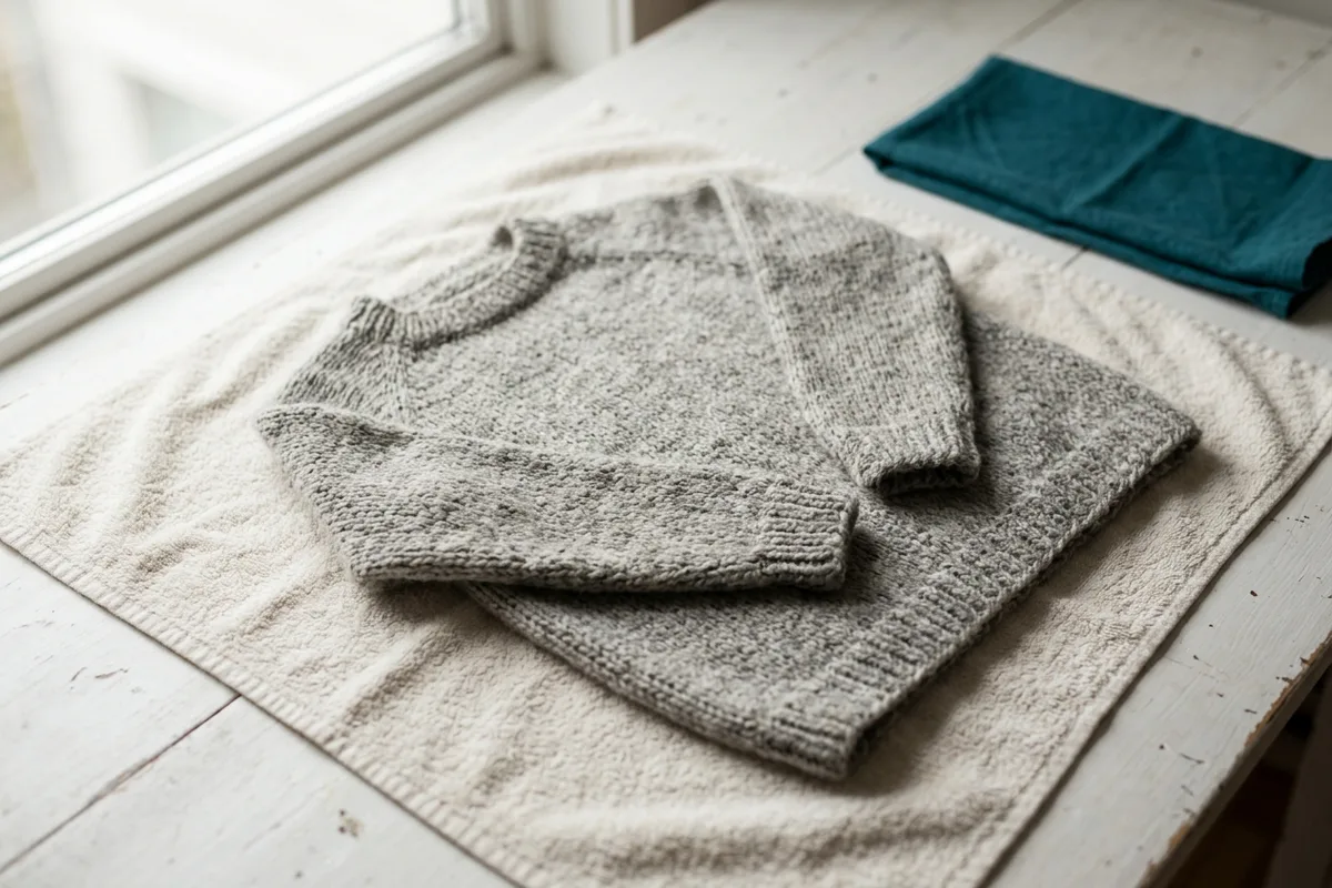 Ein Wollpullover liegt flach auf einem trockenen Handtuch, behutsam in Form gezogen, die Ärmel gerade.